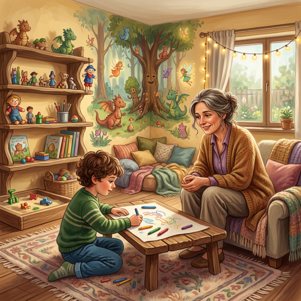Grandmother smiling and watching her grandson drawing with crayons in a cozy, colorful playroom